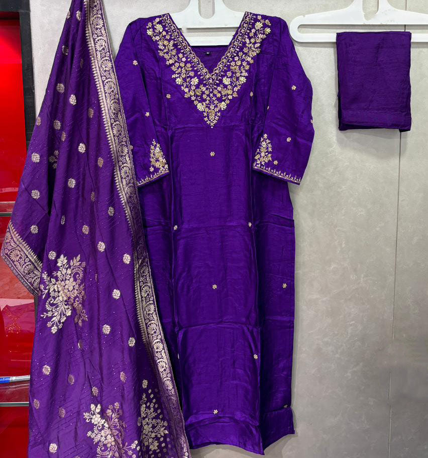 Purple dola silk hand embroidered salwar set