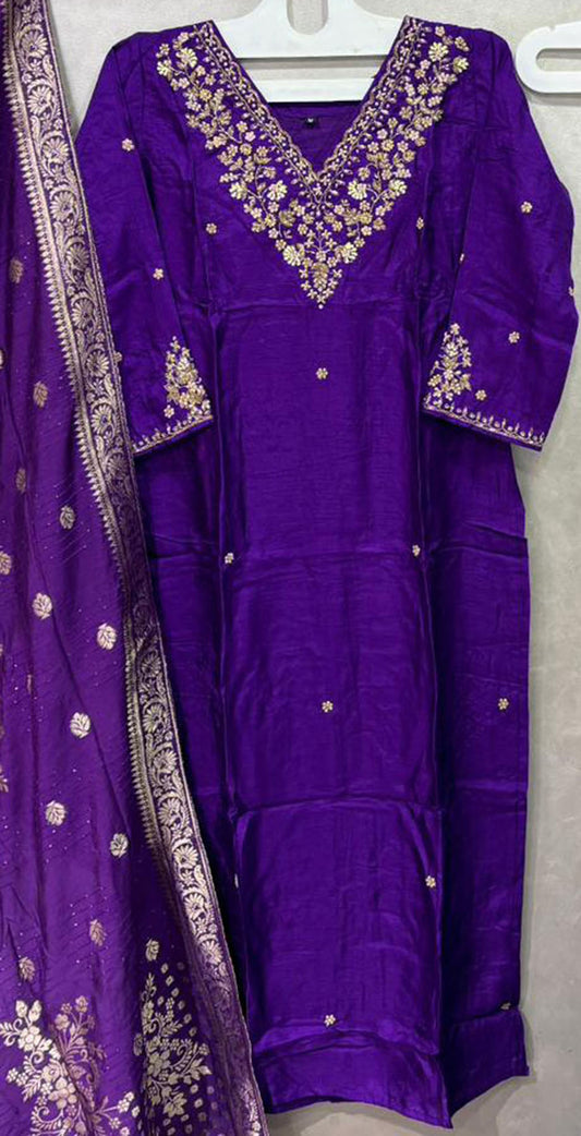 Purple dola silk hand embroidered salwar set