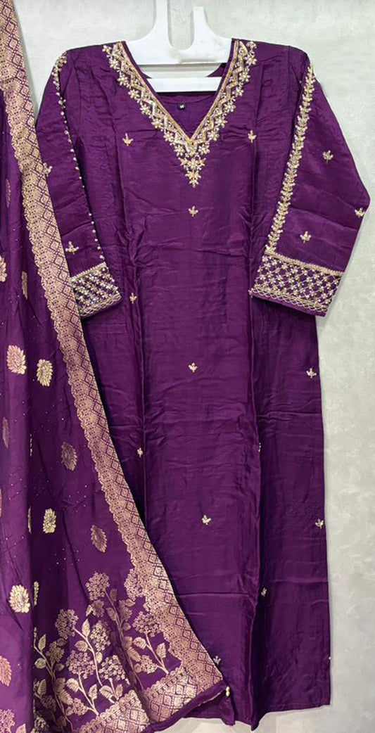 Purple dola silk hand embroidered salwar set 2