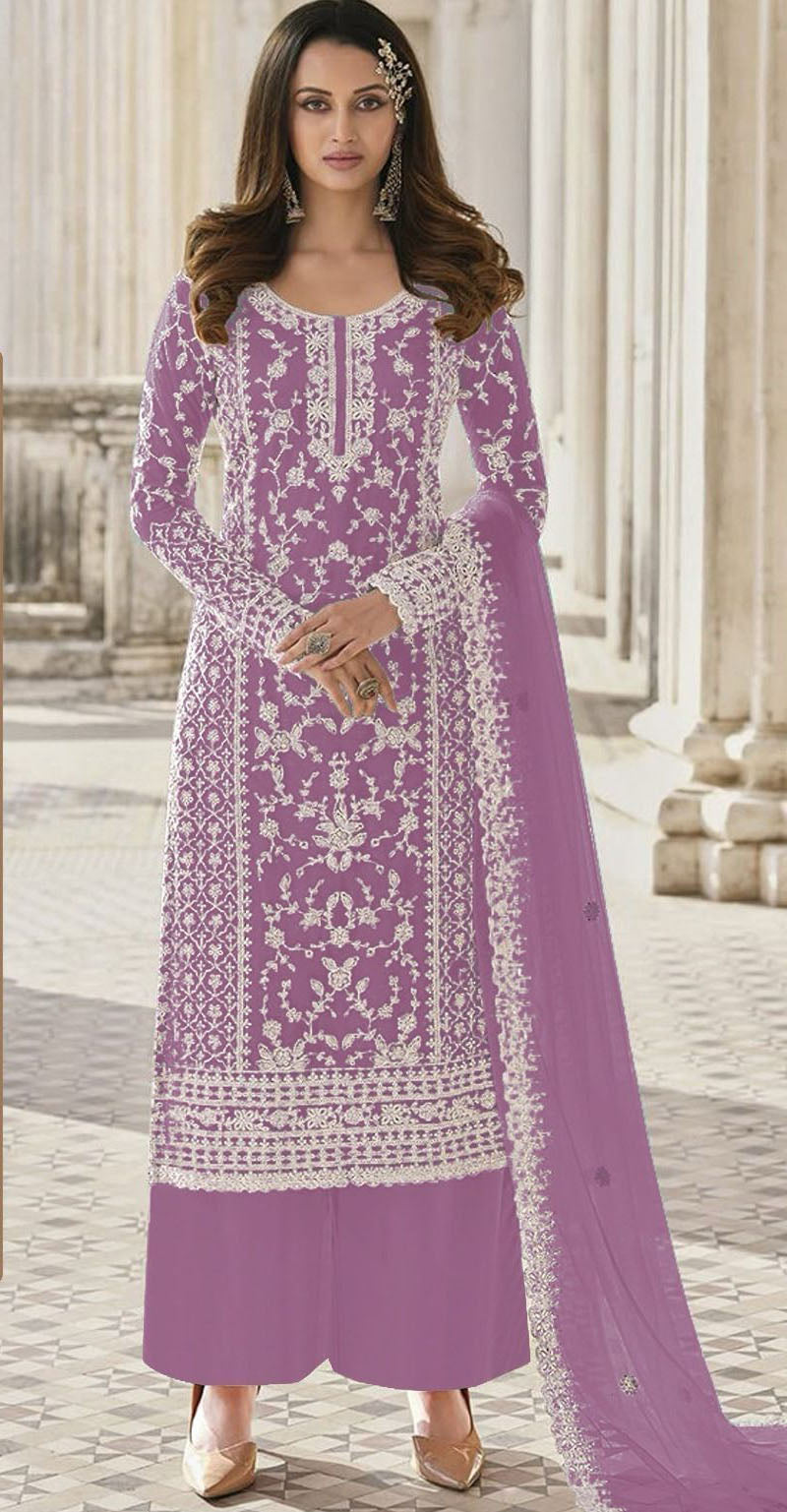 Women purple embroidered organza ready to wear salwar set