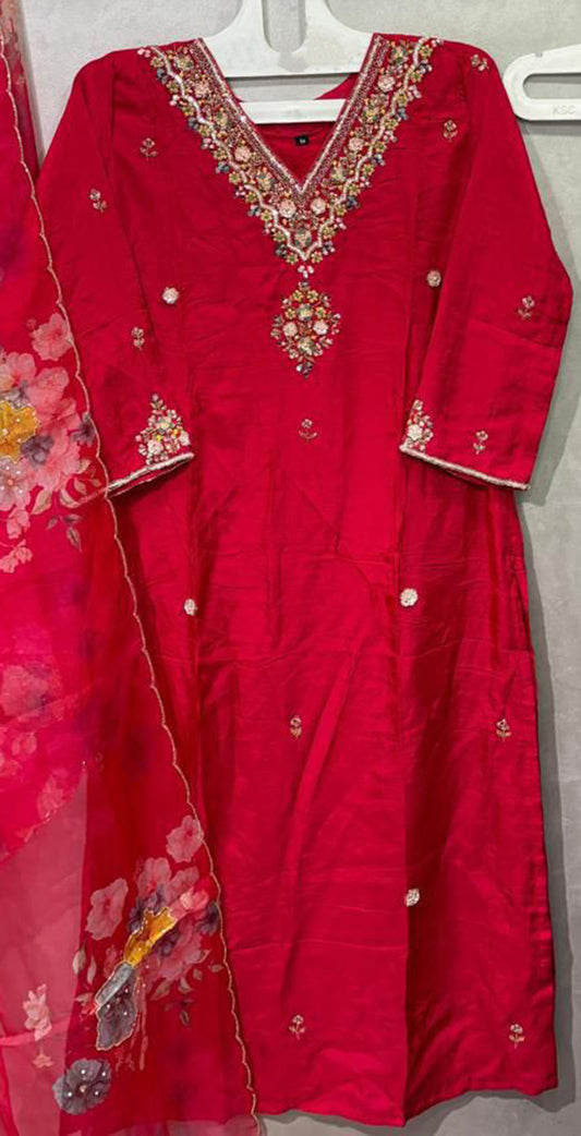 Rani pink dola silk hand embroidered salwar set