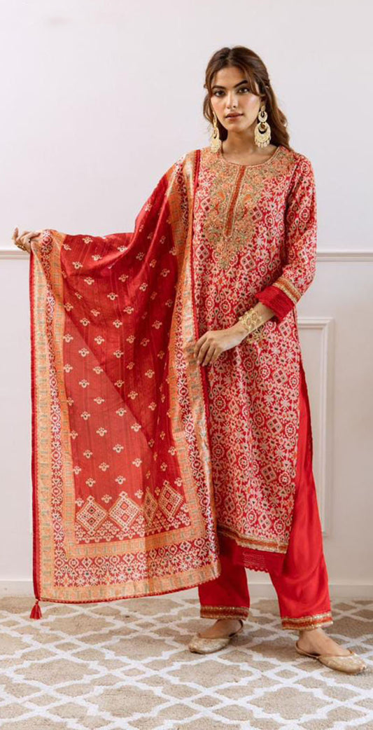 Red muslin printed and embroidered salwar set