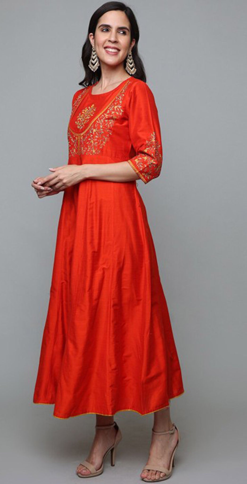 Rust orange cotton silk embroidered anarkali kurta