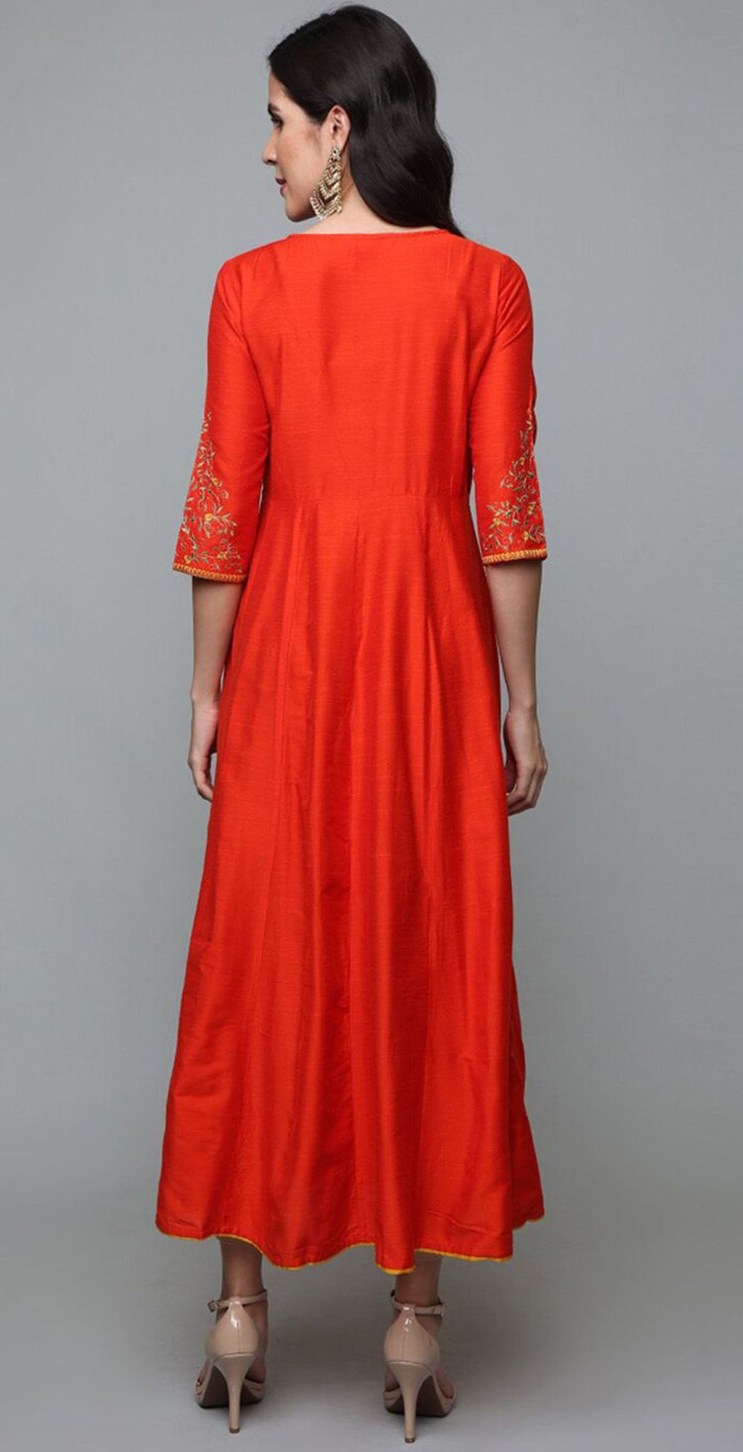 Rust orange cotton silk embroidered anarkali kurta