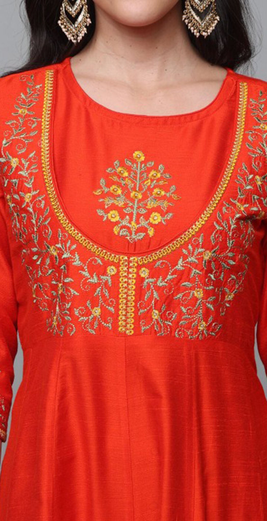 Rust orange cotton silk embroidered anarkali kurta