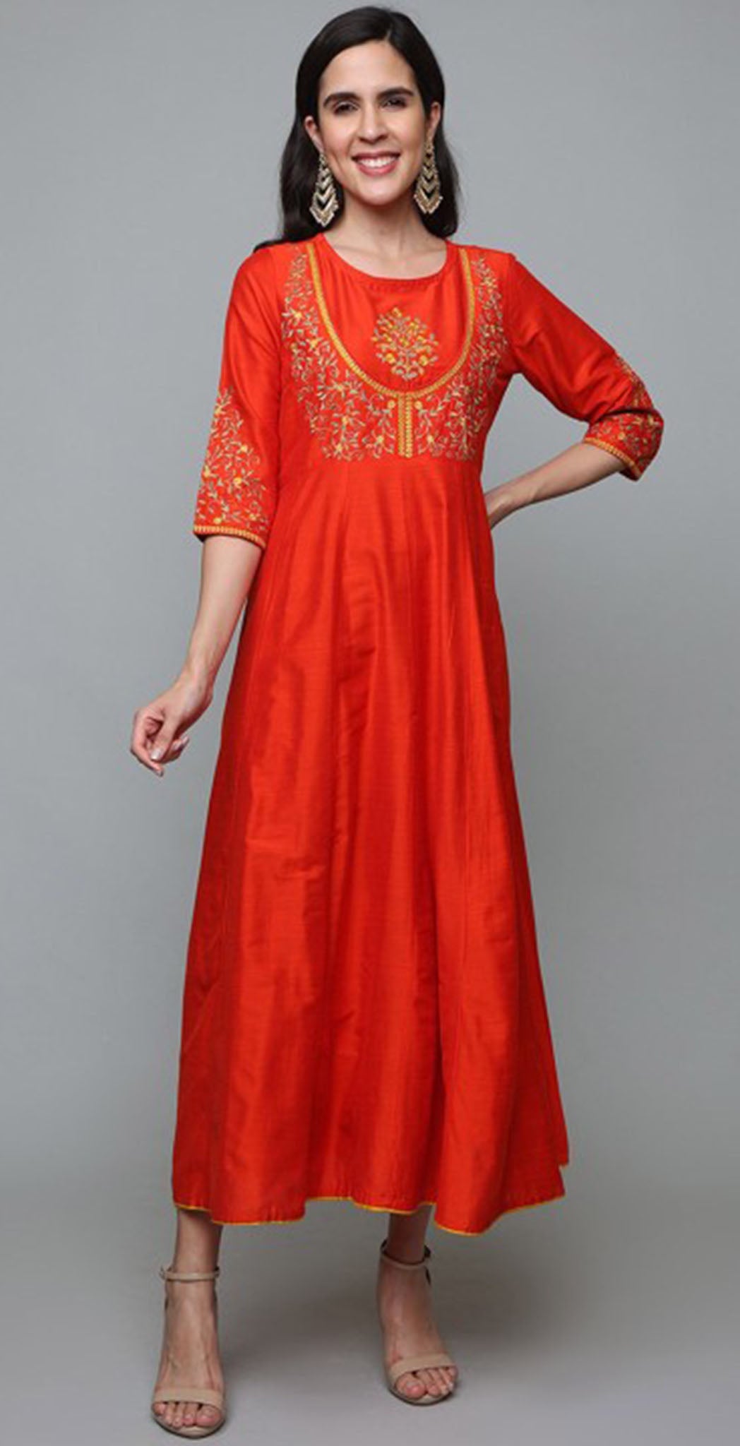 Rust orange cotton silk embroidered anarkali kurta