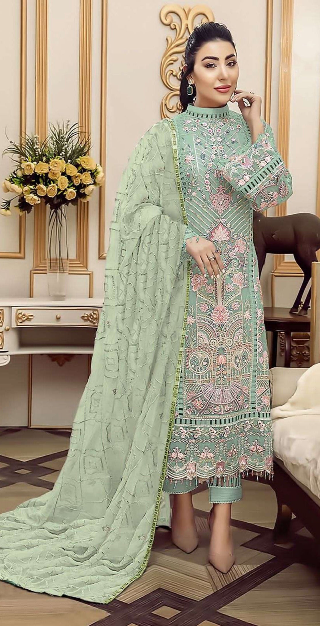 Women mint green embroidered fox georgette unstitched salwar set