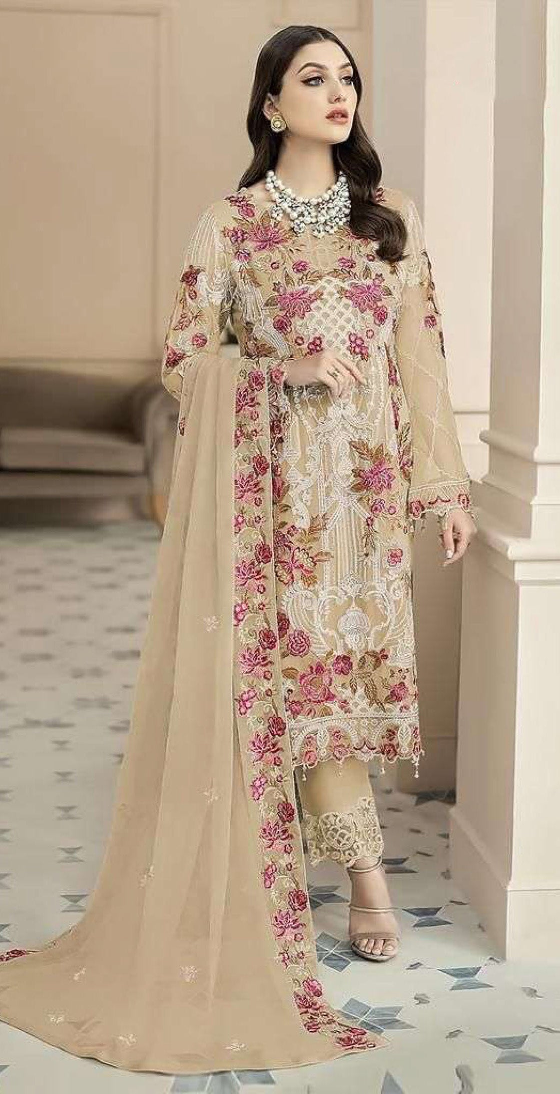 Women beige embroidered fox georgette unstitched salwar set