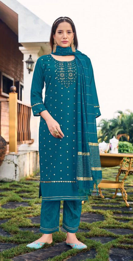 Women viscose chanderi with jacquard butti & embroidery ready to wear salwar set