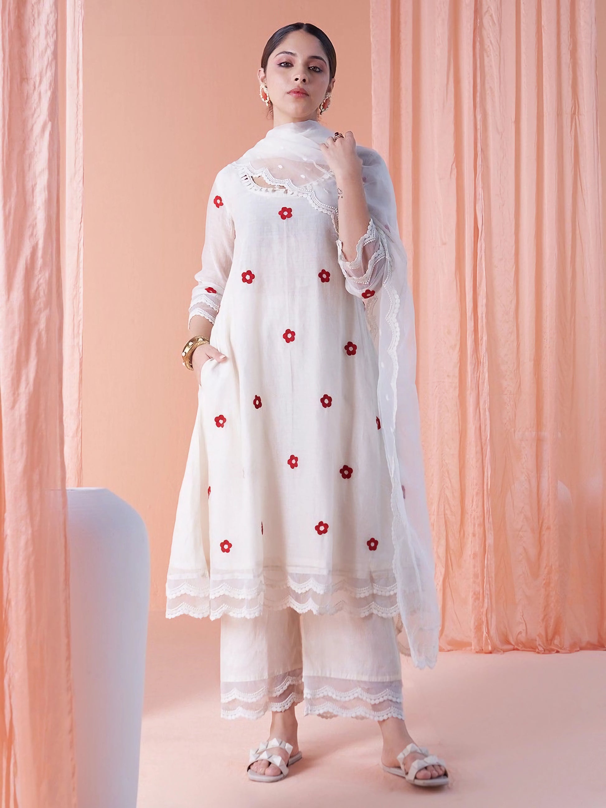 White georgette embroidered salwar suit - Main Image