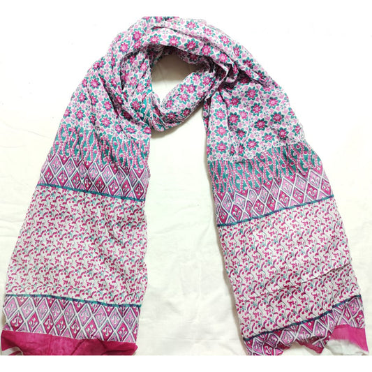 WHITE AND PINK COTTON FLOWER PRINT DUPATTA