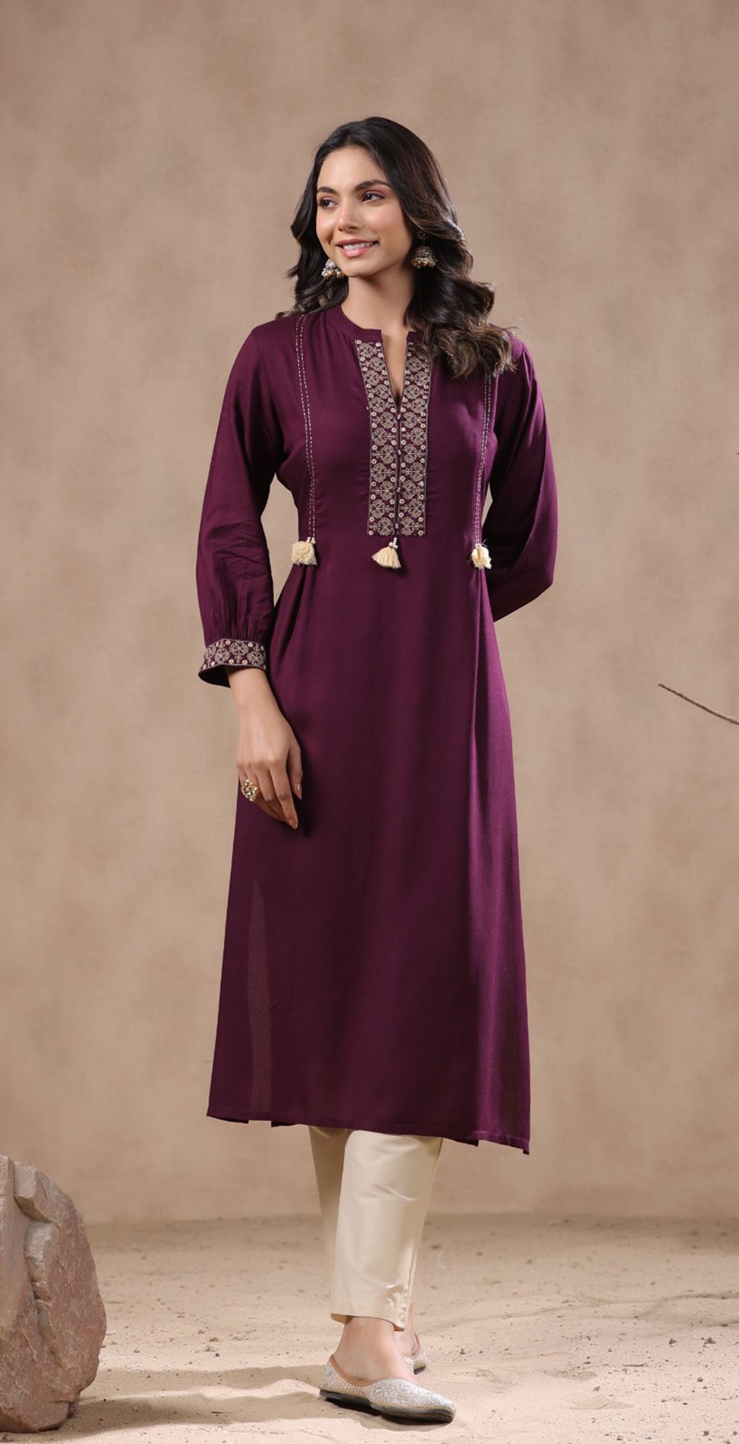 Wine rayon embroidered kurta