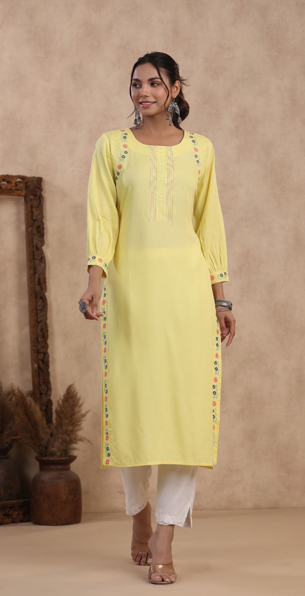 Yellow rayon embroidered Kurta