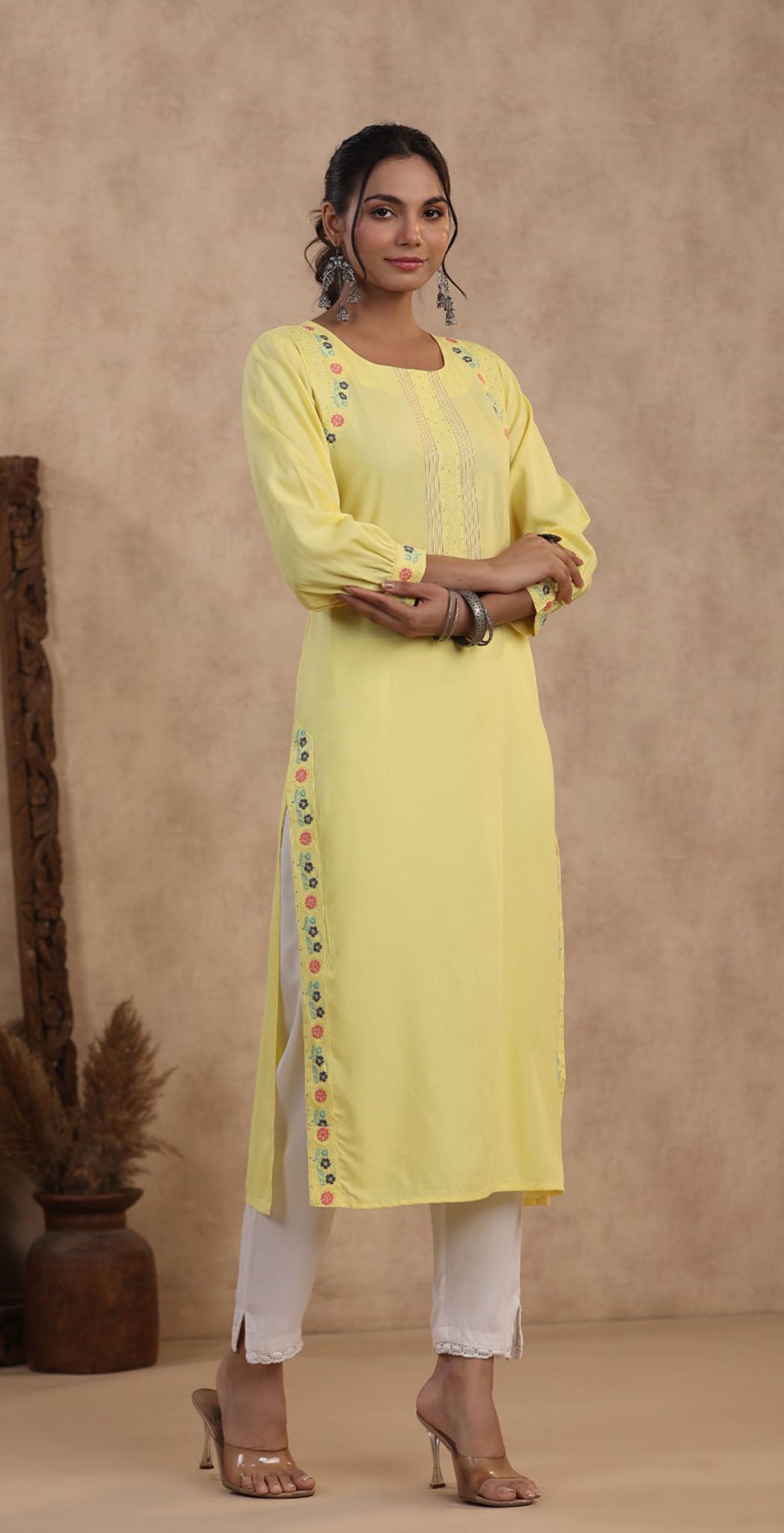 Yellow rayon embroidered Kurta