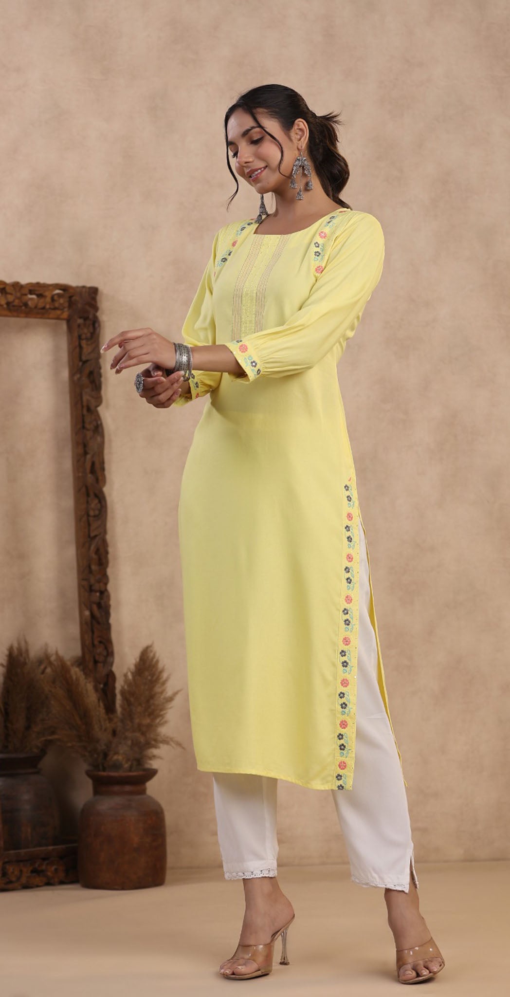 Yellow rayon embroidered Kurta