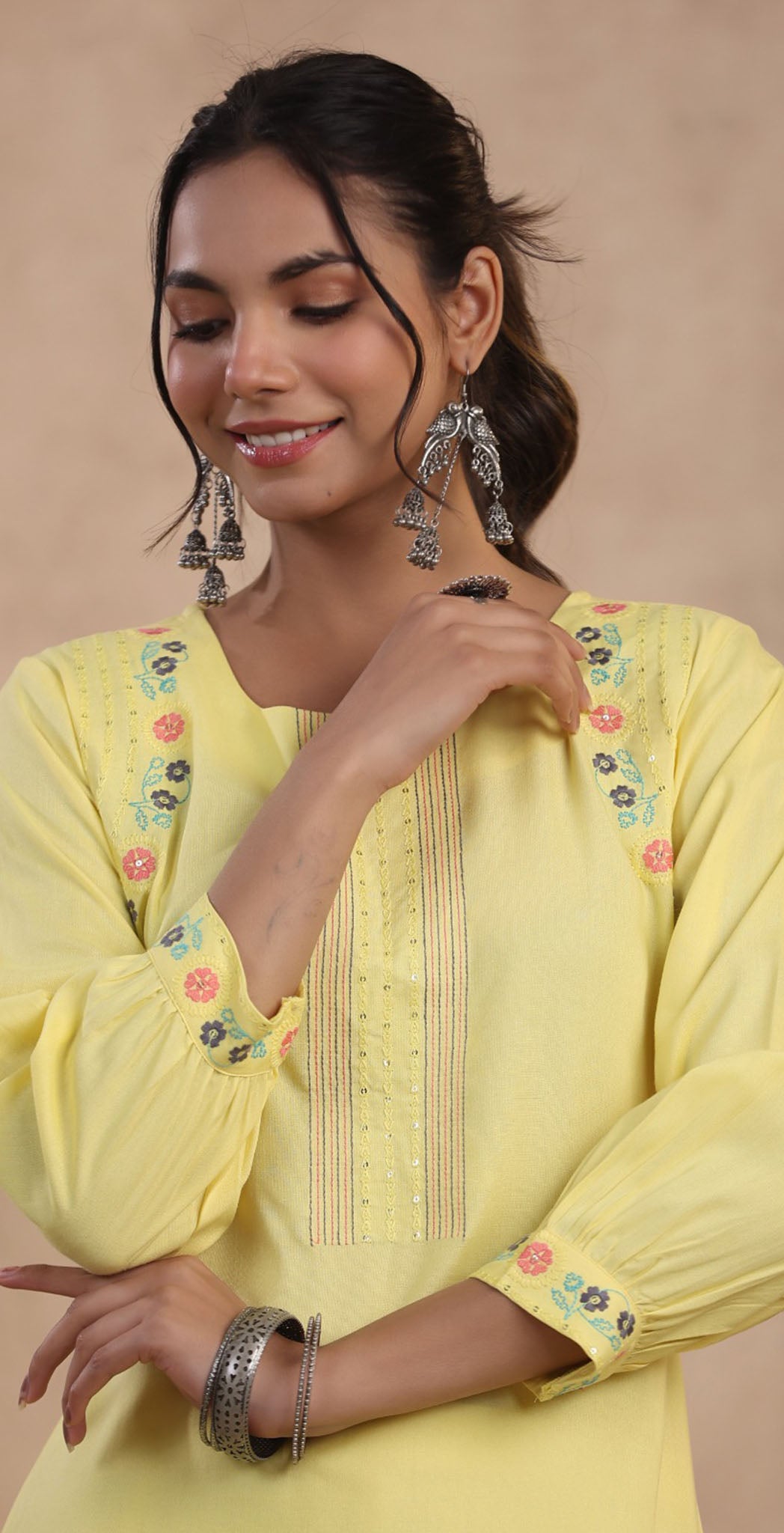 Yellow rayon embroidered Kurta