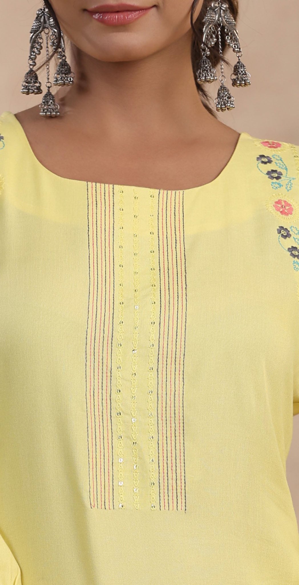 Yellow rayon embroidered Kurta