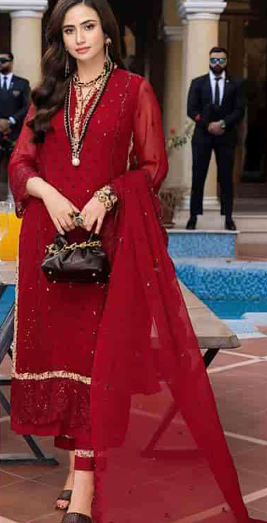 Maroon georgette embroidered dress material 3