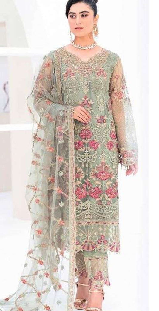 Pista green georgette embroidered dress material