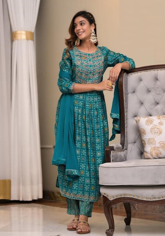 Women muslin teal blue Printed nairacut embroidered Kurta with trouser & With Dupatta