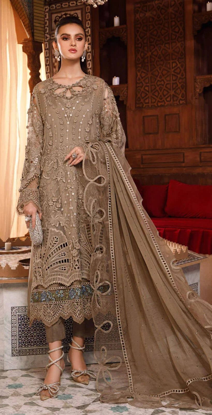 Women golden brown organza embroidered semistitched salwar set