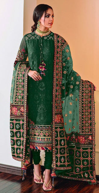 Women bottle green embroidered georgette semistitched salwar set