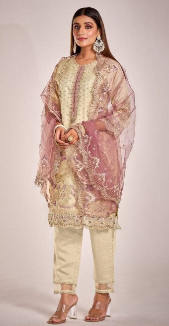 Women beige embroidered organza ready to wear salwar set