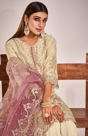 Women beige embroidered organza ready to wear salwar set