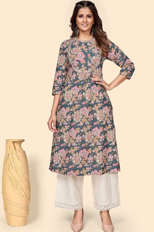 Grey and pink printed Cotton Kurta