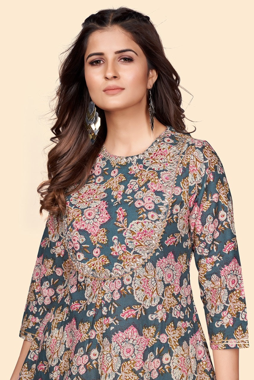 Grey and pink printed Cotton Kurta