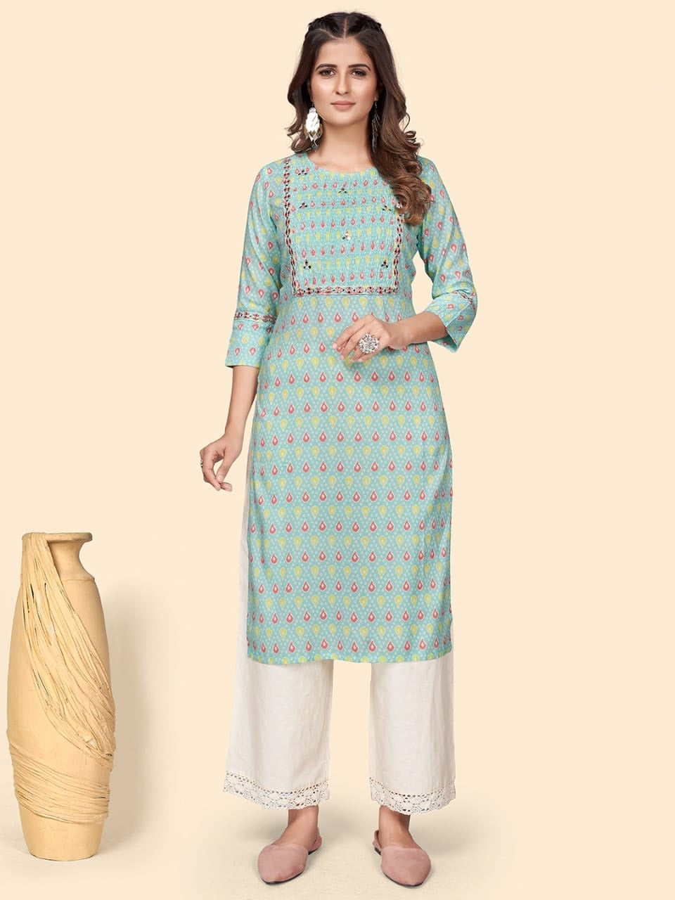 Aqua & pink printed rayon Kurta