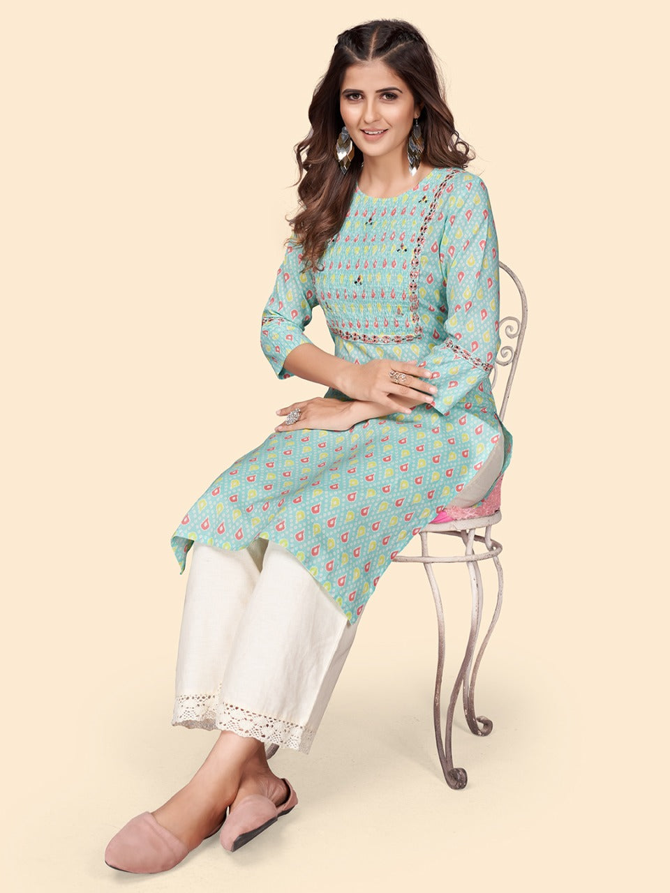 Aqua & pink printed rayon Kurta