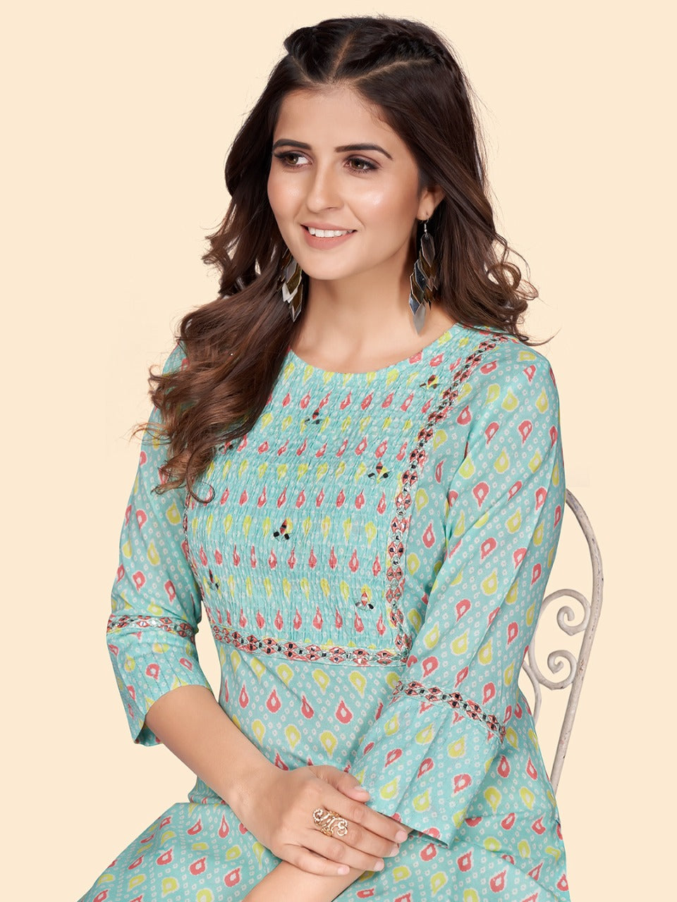 Aqua & pink printed rayon Kurta