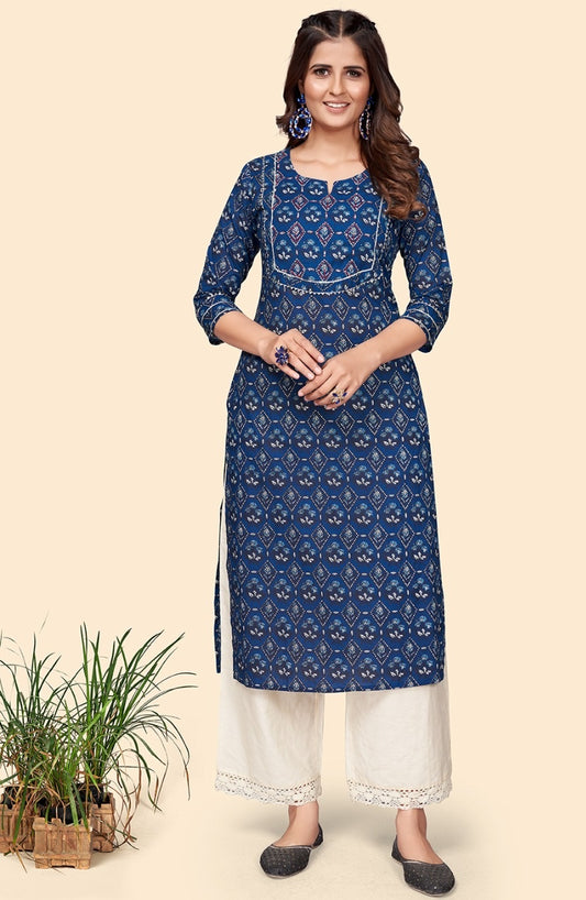 Blue printed cotton Kurta