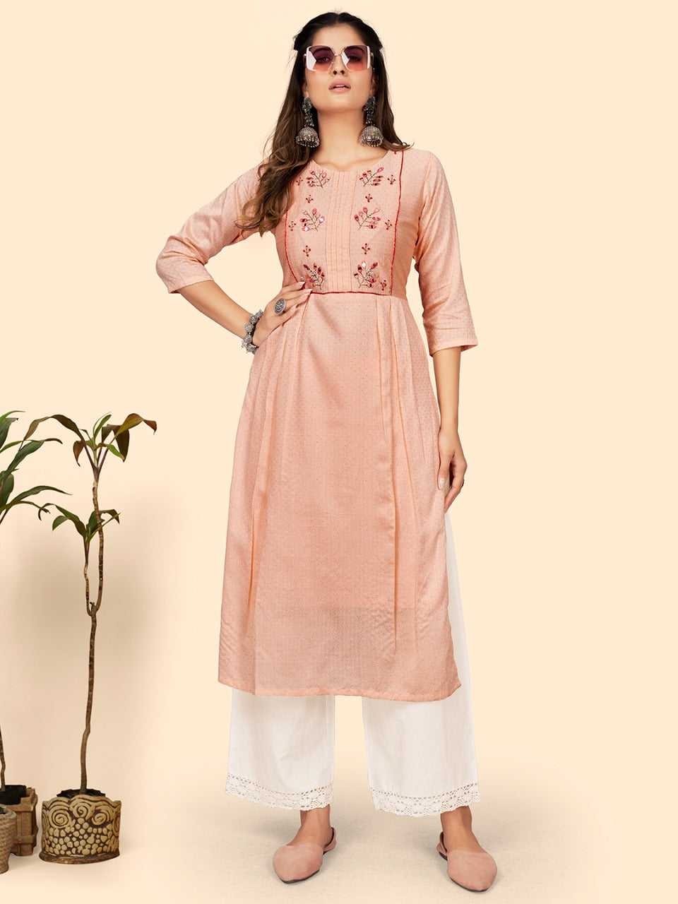 Pink cotton/lurex jacquard Kurta