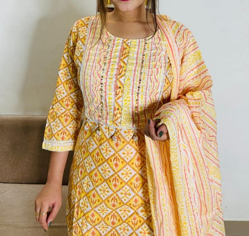 Women cotton yellow Printed straight Kurta with trouser & With Dupatta