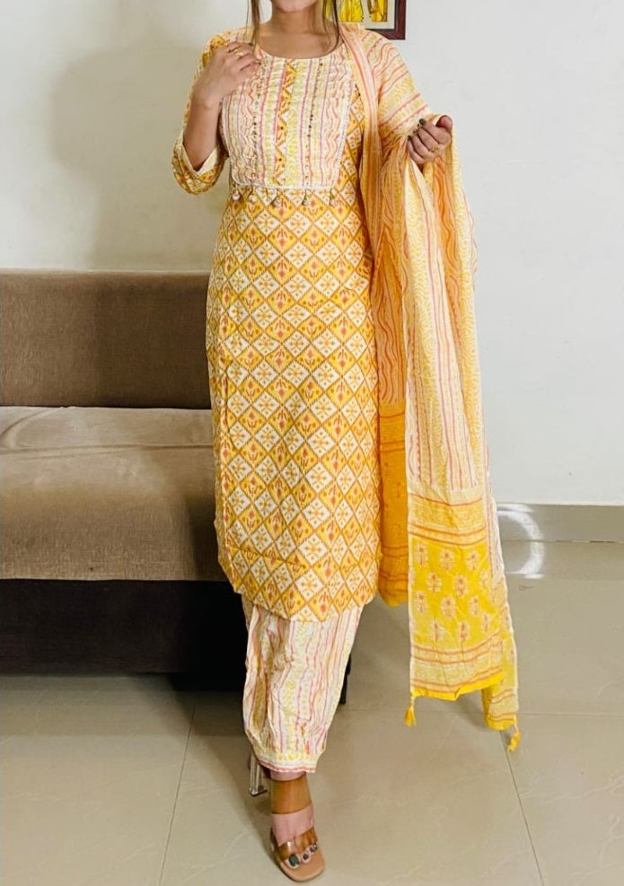 Women cotton yellow Printed straight Kurta with trouser & With Dupatta