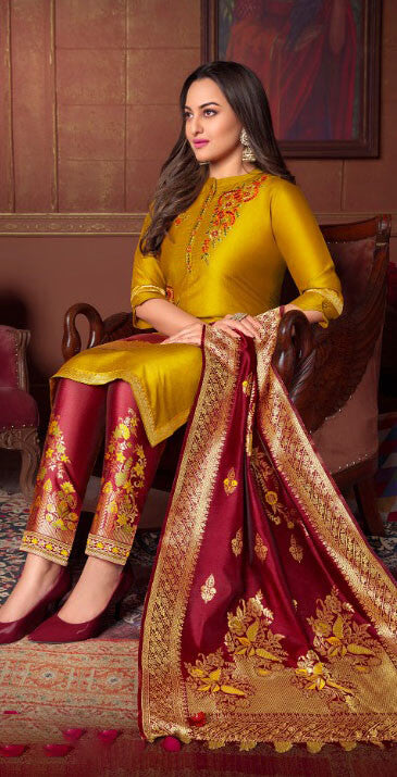 Women Bemberg Silk Fabric with Heavy Handwork and Jacquard Lace semi stitched salwar set