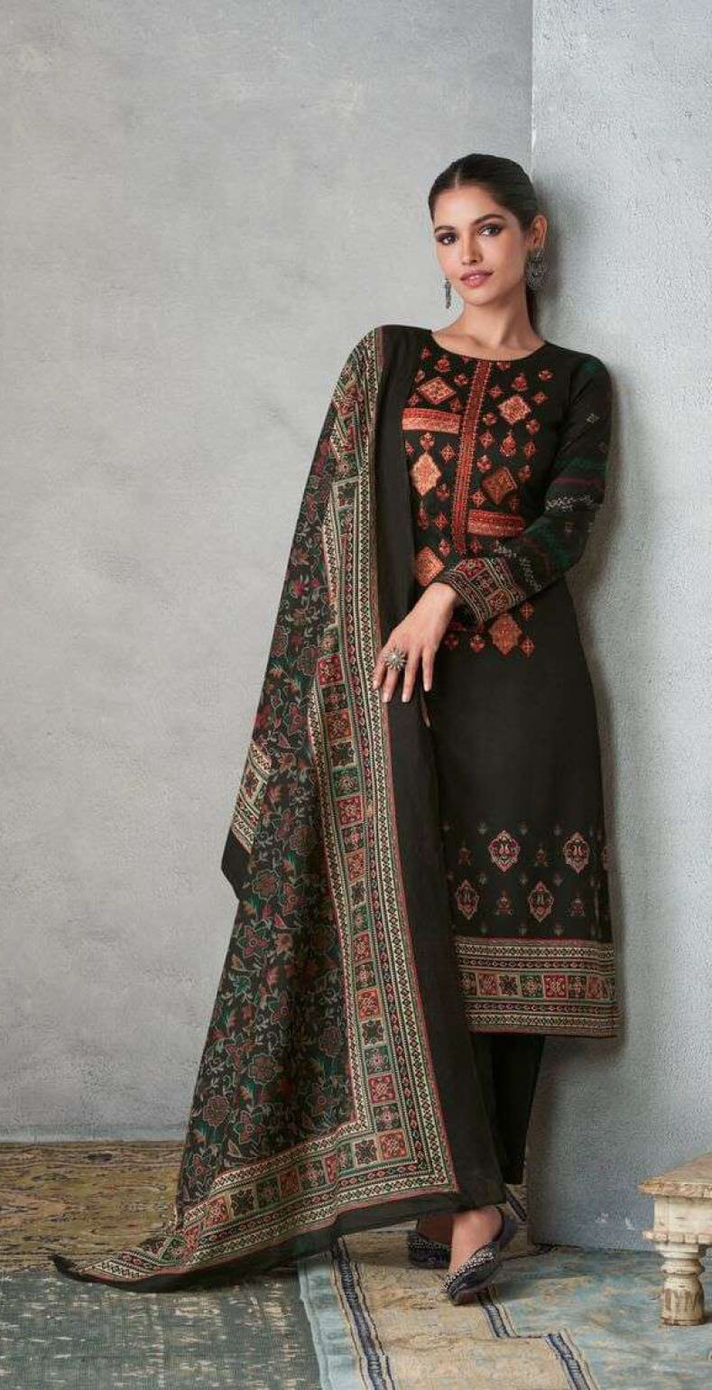 Women pure viscose jam satin digital print with neck embroidered unstitched salwar set