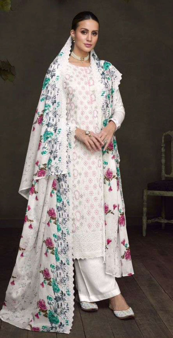 Women pure lawn with full lucknowi embroidery & shifli+fancy work in daman unstitched salwar set