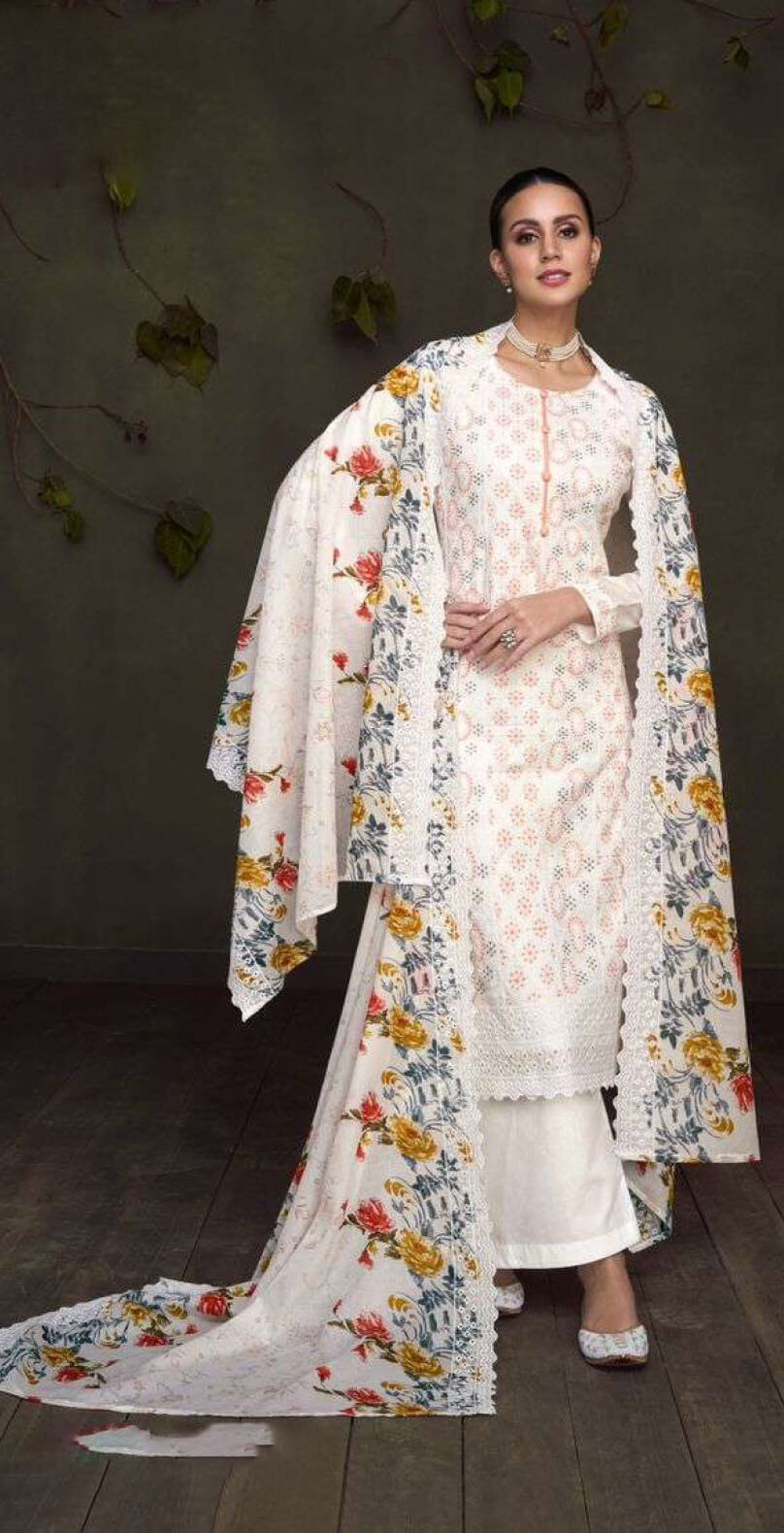 Women pure lawn with full lucknowi embroidery & shifli+fancy work in daman unstitched salwar set