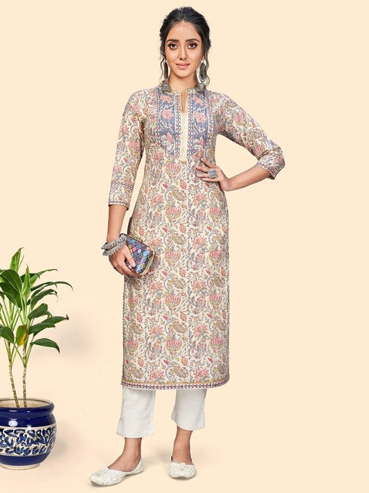 offwhite & pink printed cotton Kurta