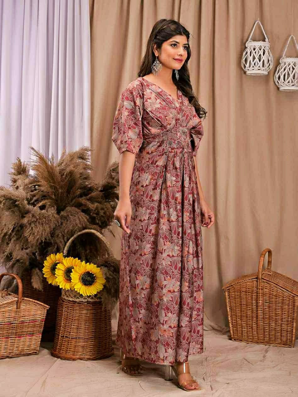 Women marron muslin Printed kaftan with embroidery & handwork