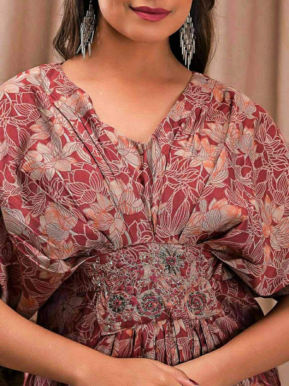 Women marron muslin Printed kaftan with embroidery & handwork