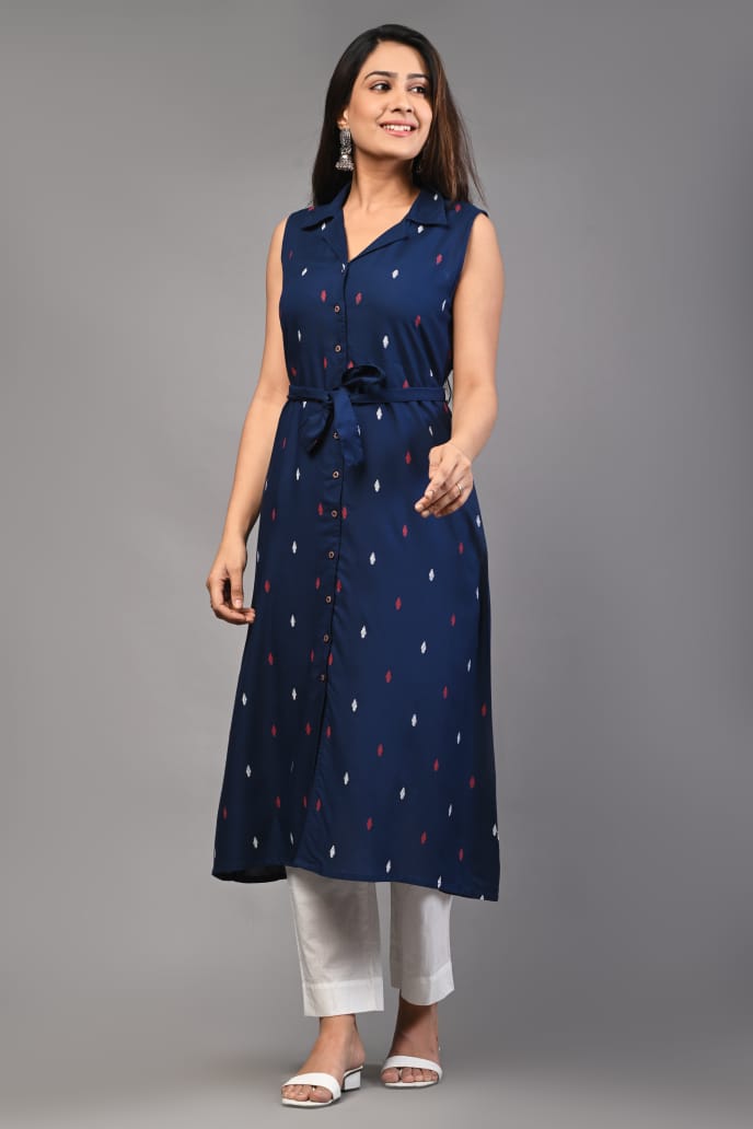 Women blue rayon Printed dress with collar & belt