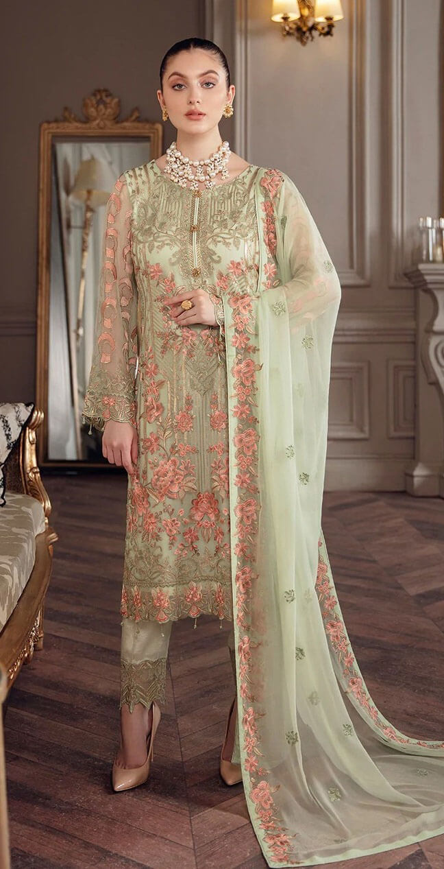 Women pista embroidered georgette semistitched salwar set