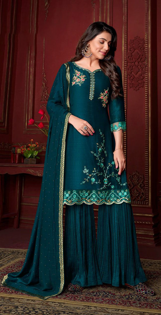 Women silk embroidered and handwork fully stitched  salwar set