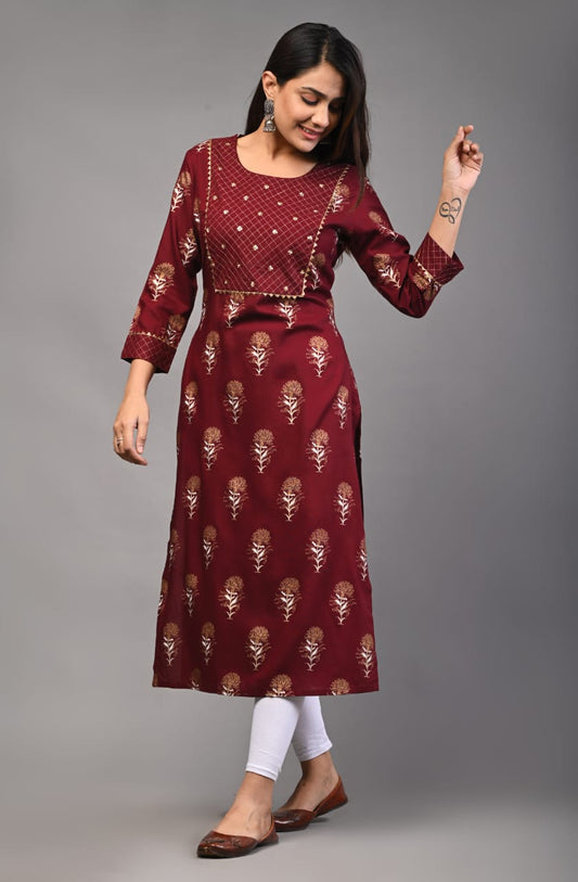 Women marron rayon Printed and embroidered Kurta