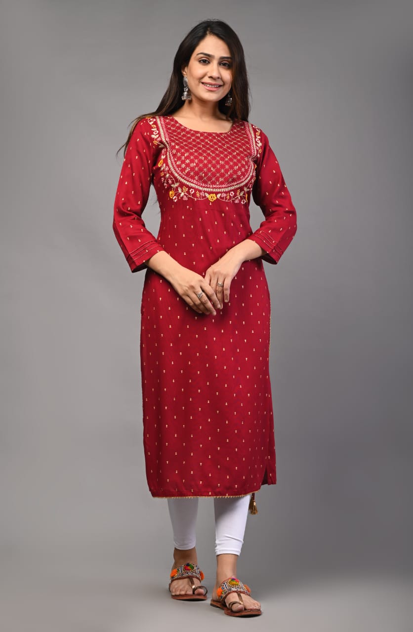 Women red rayon Printed and embroidered Kurta