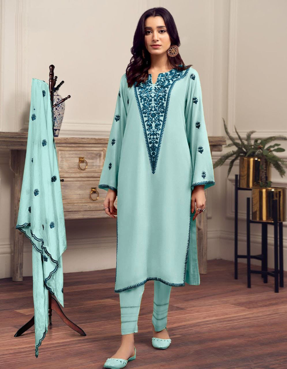 Women mint green embroidered georgette ready to wear salwar set